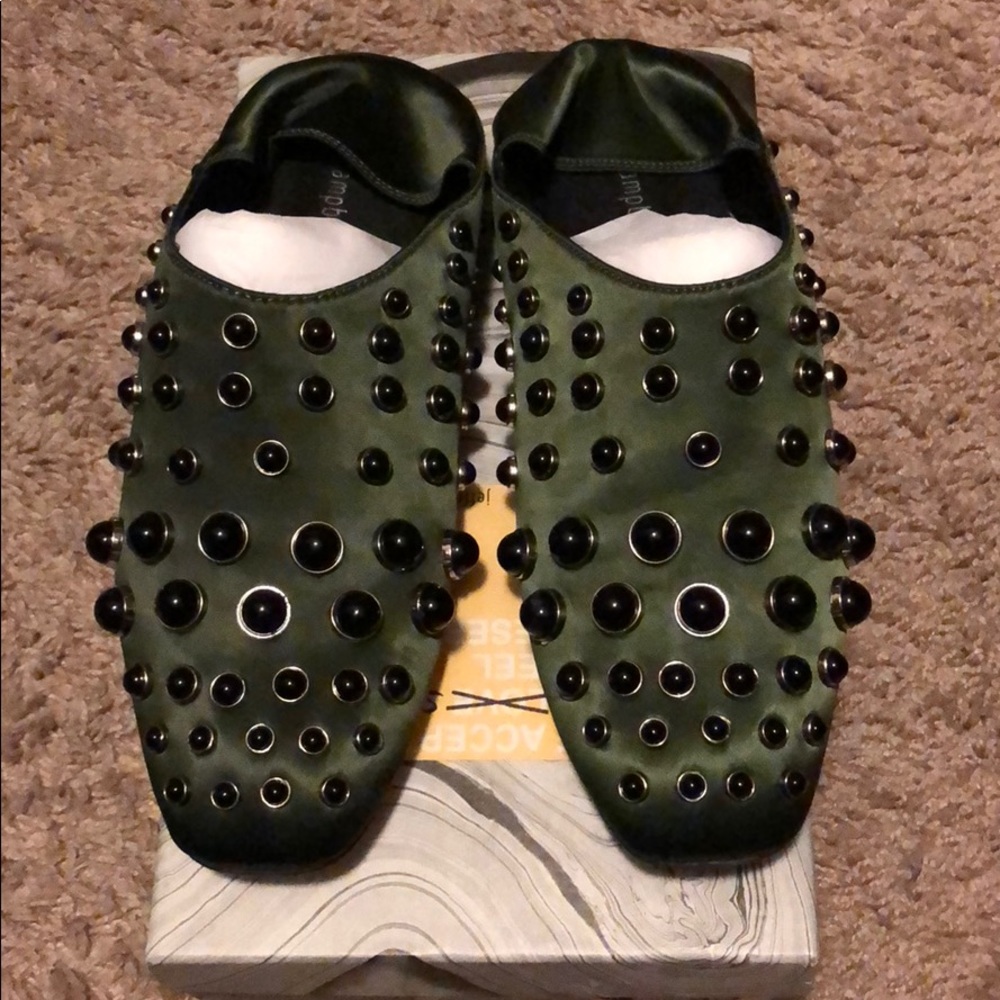 Jeffrey Campbell Baxley Stud Flat Olive Satin 10